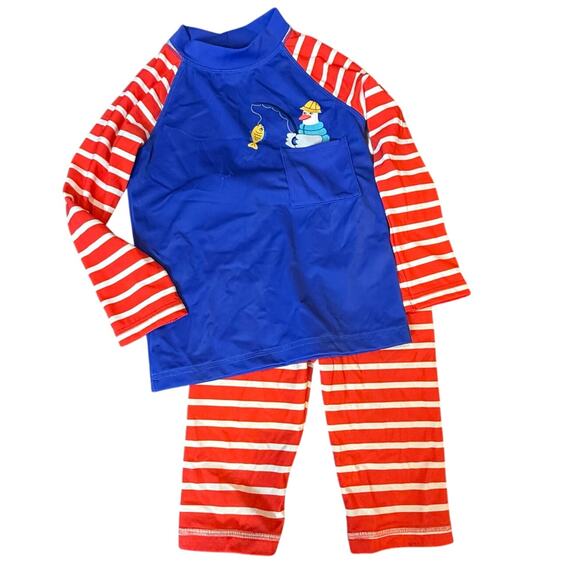 Mini Boden Boys Swimsuit 2 Piece Set Shorts Rashguard Top Red Stripe 5 6 5T - Picture 1 of 12